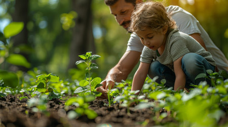 Having fun planting herbs together as a family in the spring.の素材