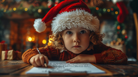 Santa hat-wearing boy writes on paper at home tableの素材