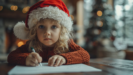 A boy wearing a Santa hat writes on a piece of paper at a tableの素材