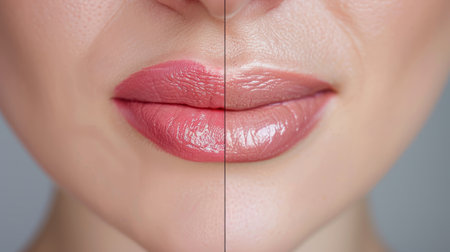 Correction of womens lips before and after. Hyaluronic acid injection. Procedure for treating beauty lip lines.の写真素材