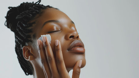 Beauty and skin care. Afro braids hairstyle woman applies cream to her face against white background...