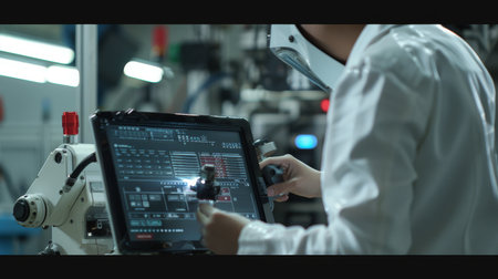 Welding robotics and digital manufacturing operations are controlled by manager engineer using a...