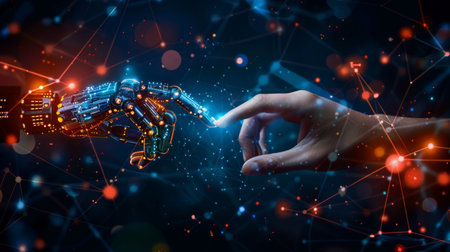 Robots and humans touching big data network connection background, Science and artificial intelligence technology, innovation, and futuristic.の写真素材