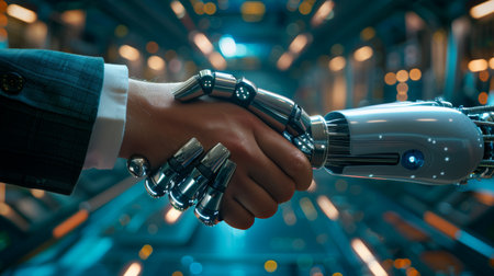 Shaking hands with a digital partner in front of a futuristic background. Artificial intelligence and machine learning process for the fourth industrial revolution.の写真素材