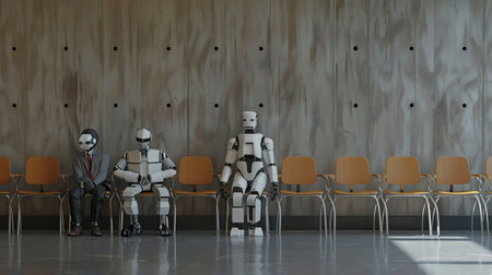 An interviewing robot sits in line with applicantsの写真素材