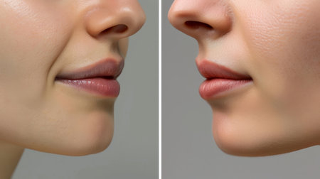 A comparison of womens lips correction before and after the injection of hyaluronic acid. Beauty lip treatment procedure.の写真素材