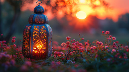 During Ramadan Kareem, an ornamental Arabic lantern with a burning candle illuminates the nightの写真素材