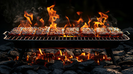 On a black background, a barbecue grill with fire flames is shown on an empty grid.の写真素材