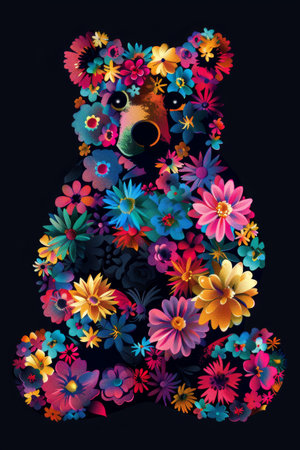 illustration of colorful flowers in a bear doll shape with a bloom from within slogan.の素材