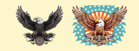 Two Artistic Illustrations of Eagles: A Detailed Monochromatic and a Colorful with American...