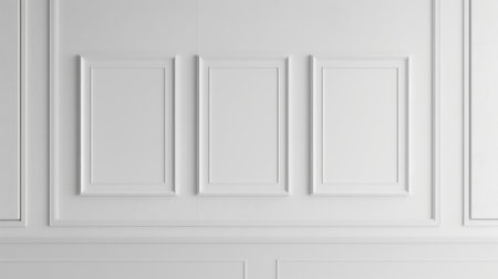 The white wall is covered with blank paper frames