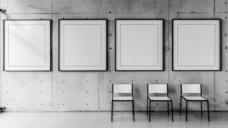 Against a white concrete wall, black frames can be seenの写真素材
