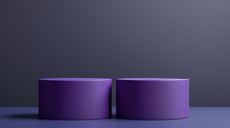 This 3D rendering shows two cylinder pedestals with a purple colour background, for product showcase displays.の写真素材