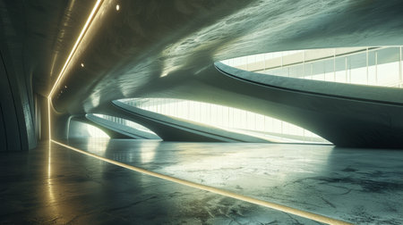 An abstract futuristic architecture scene with an empty concrete floor. The scene would be used for a car presentation.の写真素材