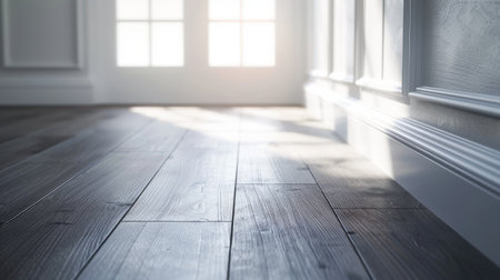 In a classic interior style, the sun light casts a shadow on a white space with a dark laminate wood floor, a white blank space with a classic interior style.の写真素材