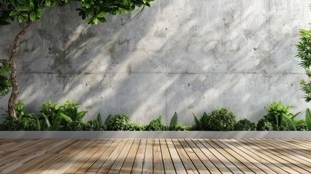 An exterior wooden balcony with a large empty concrete wall in 3D.の写真素材
