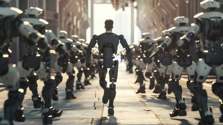 The human job applicant faces off with an artificial intelligence robot in a concept of man vs. machineの写真素材