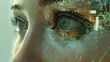 Conceptual visualization of artificial intelligence, futuristic digital technology and human and robot facesの写真素材