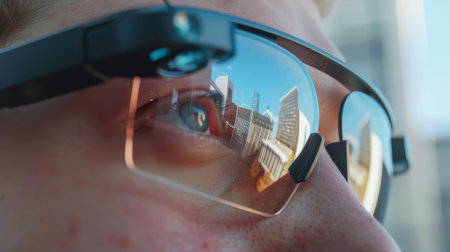 An engineer examines AI technology with the reflection of his eyeglassesの写真素材