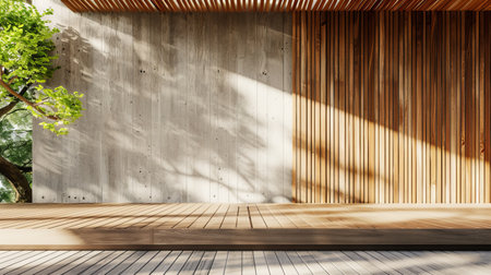 Rendering of an exterior wooden balcony with a large wall of empty concrete.の写真素材