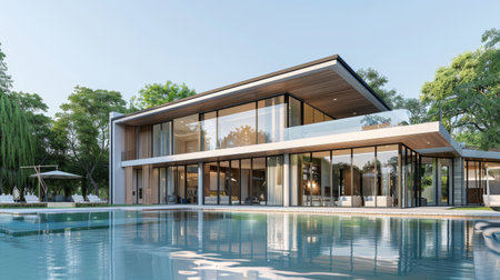 3D rendering of a luxurious modern house with swimming pool in day time on a green lake background....