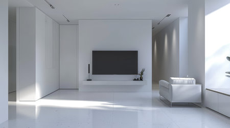 This is a view of a minimal living room with a TV on the wall. The interior design comprises of...