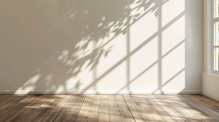 A mock-up of a minimal interior design with an empty room and a wood laminate floor.の写真素材