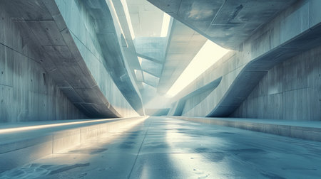 An abstract futuristic architecture with a concrete floor rendered in 3D.の写真素材