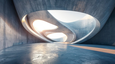 An abstract render of a futuristic building with a concrete floor in 3D.の写真素材