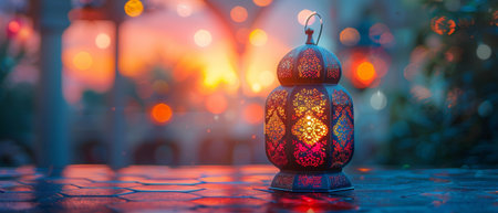 An ornate Arabic lantern with a burning candle shining at night during the Muslim Holy Month Ramadan...