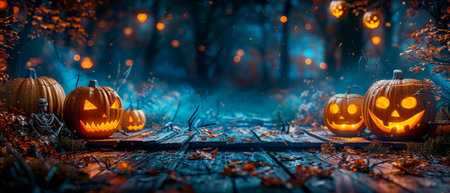 This halloween party card features pumpkins and skeletons in a graveyard at night on a wooden board.の写真素材