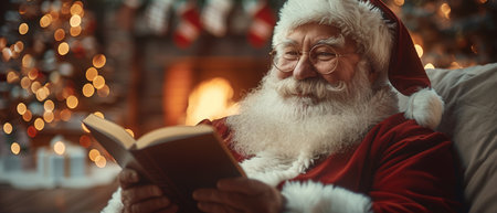 The Christmas Tree And Fireplace With Abstract Defocused Bokeh Lights - Santa Claus Reading His Wish Listの写真素材