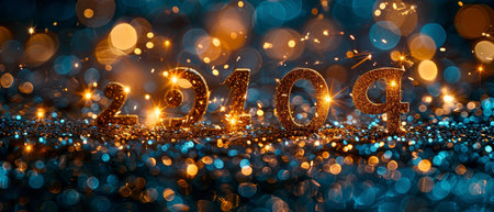 New Years Eve 2024 - Golden Number And Fireworks As Blue Eve Night In Abstract Defocused Lightsの写真素材
