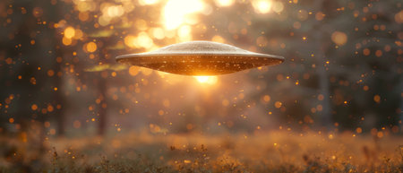 A UFO hovering motionless over a field. Aliens invading, extraterrestrial life, space travel,...