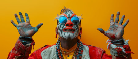 An absurd guy in zebra mask dancing in a festive event with his hands up on a yellow colored shiny...