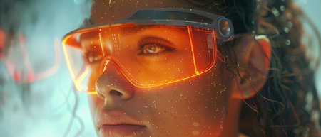 A smiling young woman stands in a studio next to her metaverse avatar. A pleasant young woman...