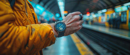 Close-up of hands of man using smart watch app in a hall station.