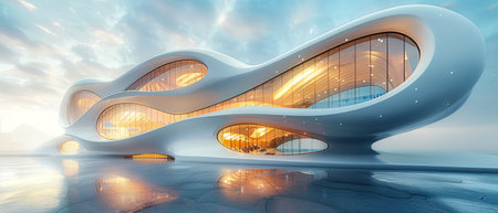 This is a close-up view of futuristic architecture, a skyscraper with curve glass windows in a 3D...