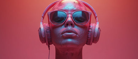 3D rendering of sunglasses and headphones on a sculpture of a human head.