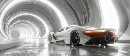 Rendering of an abstract futuristic architecture design. Showcase of a car on a white concrete...