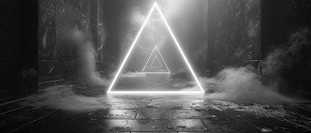 An abstract sci-fi tunnel, futuristic triangle spaceship corridor, rendered in 3D.