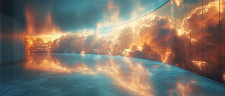 3D rendering of the curve glass office building reflecting the clouds.の写真素材