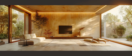 A 3D rendering of a minimalist living room with a TV on a plain wall. It features furniture,...