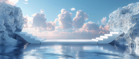 Podium Set Against a Cloudy Background, Framed by a Snow Arch, Capturing the Captivating Beauty of a...