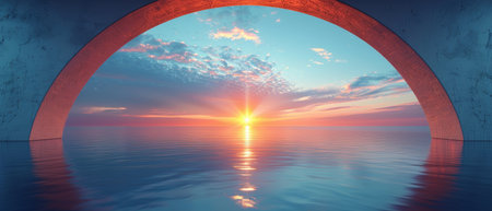 3D Render Abstract Panoramic Wallpaper with Northern Futuristic Landscape, Calm Waters, Simple Geometric Mirror Arches, Pastel Gradient Sky Embracing Minimal Aesthetic Arctic Sceneryの写真素材