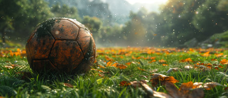 3D rendered Football as a Central Focus on a Breathtaking Sports Fieldの写真素材