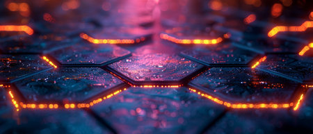 A futuristic sci-fi hexagonal shaped path which navigates empty space with neon blue and orange...