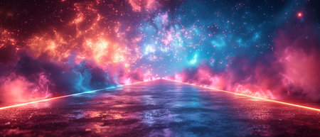 Experiencing 3D Future Sci-Fi Empty Space Pathways with Neon Blue and Purple Glowing Light Strips in Cyberpunk Colorsの写真素材