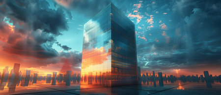 An angle view of high rise building with a dark steel window system reflecting clouds on glass. 3D...