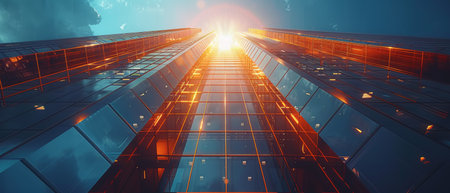 An image of a high rise glass building with a dark steel window system on a clear blue sky...